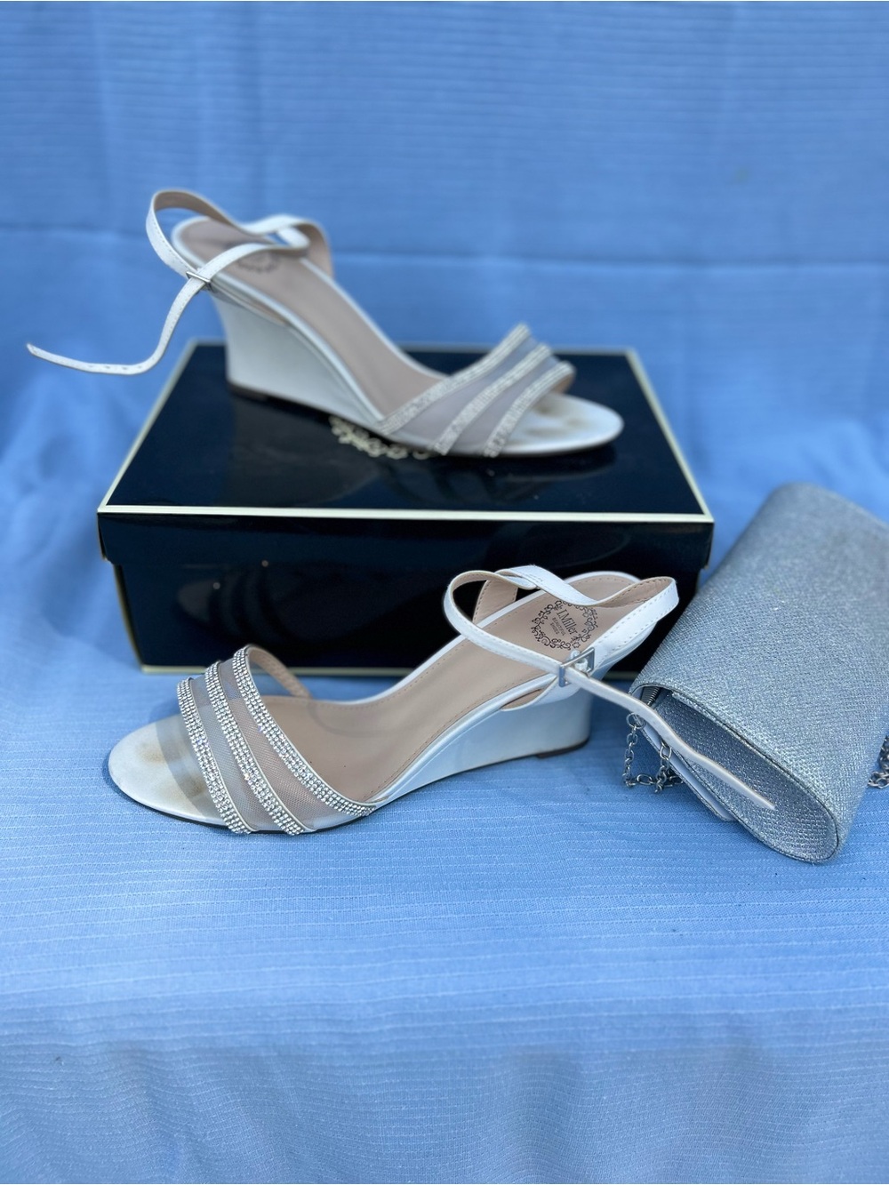 Chic White Rhinestone Wedge Sandals with Ankle Strap